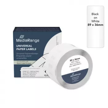 MediaRange universelle etiketter, erstatter Dymo 99013/S0722410, 89 x 36 mm, 260 stk., permanent klæbende, sort på transparent (MRDY99013)