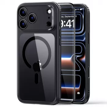 ESR Classic Hybrid MagSafe & panserglas-cover til iPhone 17 Pro / 18 Pro transparent/sort