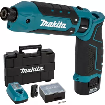 Makita TD023DSE 7,2V Li-Ion akku-vinkelslagskruetrækker med 2 batterier, lader og transportkuffert
