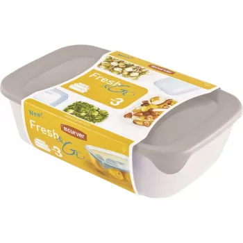 Curver Fresh & Go opbevaringsboks-sæt, 3 rektangulære bokse, 2L + 1L + 0,5L, transparent med farvede lufttætte låg