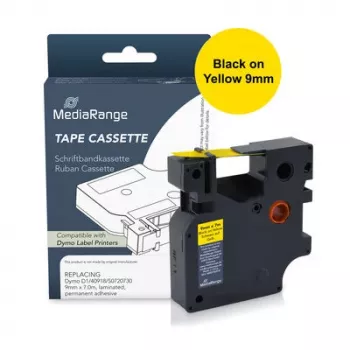 MediaRange plastmærkebåndskassette, erstatter Dymo D1 40918/S0720730, 9 mm x 7 m, lamineret, permanent klæbende, sort på gul (MRDY40918)