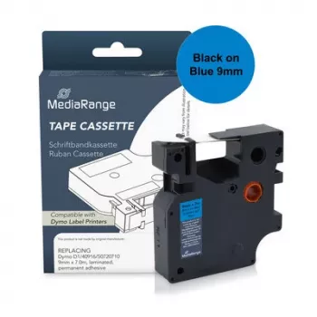 MediaRange plastmærkebåndskassette, erstatter Dymo D1 40916/S0720710, 9 mm x 7 m, lamineret, permanent klæbende, sort på blå (MRDY40916)