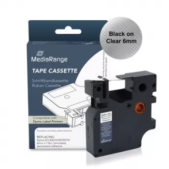 MediaRange plastik-mærkebåndskassette, erstatter Dymo D1 43610/S0720770, 6 mm x 7 m, lamineret, permanent klæbende, sort på transparent (MRDY43610)