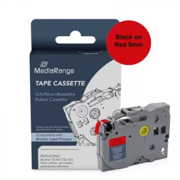 MediaRange mærkebåndskassette, erstatter Brother TZ-421/TZe-421, 9 mm x 8 m, lamineret, permanent klæbende, sort på rød (MRBTZ421)