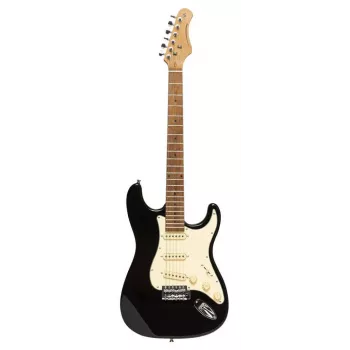 Stagg SES-55 BLK el-guitar - massivt elletræskorpus, ahornhals, SSS-pickup, sort