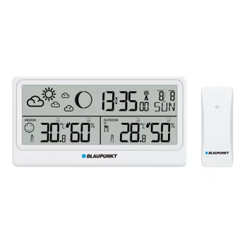 Blaupunkt WS20WH vejrstation med udendørssensor, farve-LCD, DCF-radioklokke, månefase, USB-opladningsfunktion