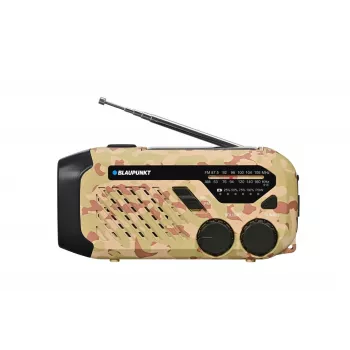 Blaupunkt ER10DC nødradio med solcelle, håndsving, powerbank, LED-lommelygte, SOS-sirene, AM/FM, ørken camouflage