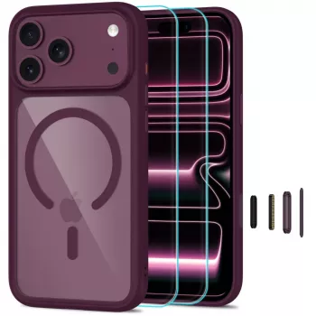 TECH-PROTECT MagOne MagSafe-cover med skærmbeskyttelse af hærdet glas 2-pak til iPhone 17 Pro Max / 18 Pro Max – Dark Cherry/transparent