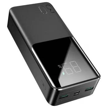 JOYROOM JR-QP193 30000 mAh 22,5W powerbank med digital display, PD3.0/QC3.0, 3 udgange (2 USB-A + 1 USB-C), 2 indgange (USB-C + Micro USB), sort