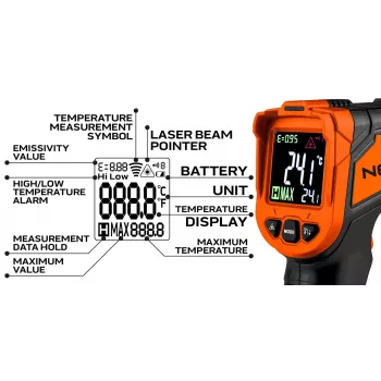 NEO TOOLS 75-276 pyrometer, berøringsfrit infrarødt termometer med dobbelt laser-sigte, -50°C til 880°C, 12:1 D:S, justerbar emissivitet, baggrundsbelyst LCD