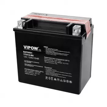 VIPOW BAT0501 konventionelt bly-syre-motorcykelbatteri 12V 14Ah, 140A koldstartstrøm, syrepak inkluderet
