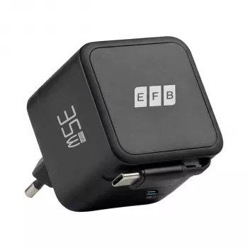 EFB Elektronik G352CE 35W GaN USB-C vægoplader med indtrækkeligt 0,7m kabel, PD3.0 & QC3.0, sort