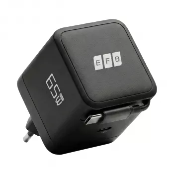 EFB Elektronik G652CE 65W GaN USB-C PD 3.0 vægoplader med indtrækkeligt kabel, sort