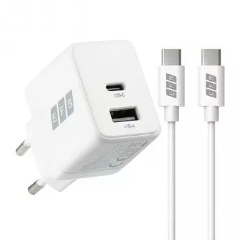 EFB Elektronik G301A1CE 30W GaN USB-C PD3.0 + USB-A QC3.0 vægoplader-sæt med 2m USB-C-kabel, hvid