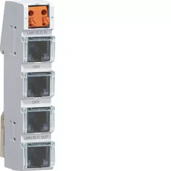 Hager LMN busmodul med 4 RJ12-tilslutninger, aktiv strømforsyning, DIN-skinne-montage, 2 TE bredde ZZ12LMN04A
