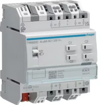 Hager TYAS624C KNX Secure 4-kanal rullegardin-/persienneaktor, 230 V AC, DIN-skinne