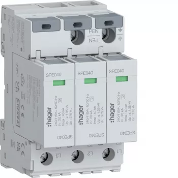 Hager SPE340 type 2 overspændingsbeskyttelsesenhed, 3-polet, TNS/TT, 275V, 20kA, 40kA Imax