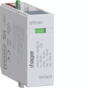 Hager SPE040 overspændingsbeskyttelsesmodul L-N Uc 275V In 20kA Imax 40kA Up 1,35kV