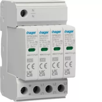 Hager SPB420 type 2 overspændingsafleder 3P+N 275V AC 40kA DIN-skinne