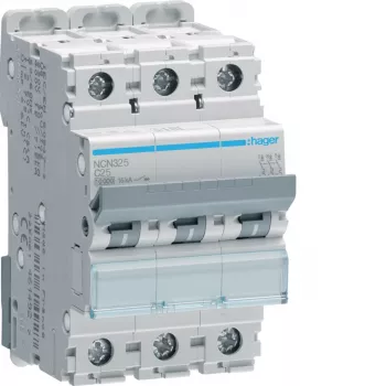 HAGER NCN325 3-polet automatsikring med C-karakteristik 25A, 10kA, 3 moduler