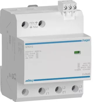 Hager SPA312 type 1+2+3 overspændingsbeskyttelse, 3-polet, 12,5 kA, TN-C, DIN-skinne