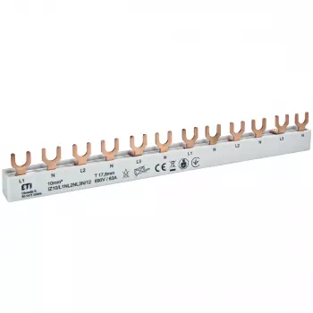 ETI 002921268 kobber-samleskinne IZ10/L1NL2NL3N/12 til ETIMAT 1P+N, 690V, 63A, gaffeltype