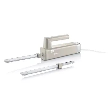 GRAEF EK508EU elektrisk kniv 180 W rustfrie klinger, 2 bølgeskærsklinger, ergonomisk greb, opbevaringsblok af træ, sikkerhedsafbryder, 1,2 m kabel, hvid