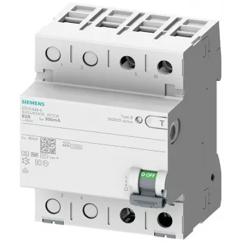 SIEMENS 5SV33224 fejlstrømsafbryder, type B, 25 A, 30 mA, 230 V, 1+N, 4 TE, korttidsforsinket
