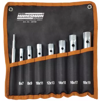 Brüder Mannesmann M26708 8-delt topnøglesæt, krom-vanadium-stål, størrelser 6x7 til 20x22 mm, DIN 896 form B, i plastikholder