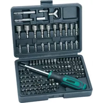 BRÜDER MANNESMANN 122-delt skruetrækker- og bitsæt i plastkuffert, bits i chrom-vanadium-stål, 1/4 inch sekskantdrev, ergonomiske greb, magnetisk bitholder, DIN-standard M29896