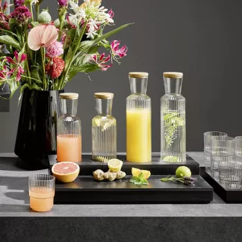 APS LINES Glass Carafe 1.0 Liter Clear with Cork Lid, Ribbed Structure 10726