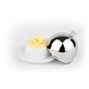APS Butter Server, Porcelain Dish with Stainless Steel 18/8 Lid, 180 x 130 x 70 mm, White/Silver, 1 Piece 15921