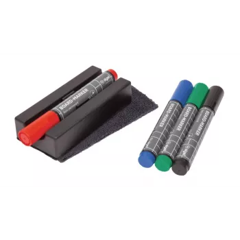 SIGEL BA151 whiteboard-tilbehørssæt, 4 tørviskelige markører, magnetisk viskelæder, magnetisk markørholder, rengøringsspray 50 ml, 10 rengøringsklude, sort