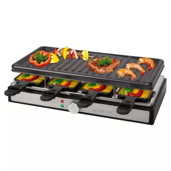 Clatronic RG 3757 raclettegrill, rektangulær, ribbet grillplade 42x21 cm, 8 raclettepander, 1400 W, rustfrit stål/plast 263946
