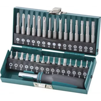 Wolfcraft 31-delt sikkerheds-bit-sæt med magnetisk hurtigskifteholder, S2-stål, 1/4 inch sekskantskaft, Phillips, Pozidriv, Torx, Security-Hex, Tri-Wing, Spanner, Torq-Set, Robertson, kærv 1386000