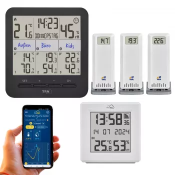 TFA Dostmann TFA.me startpakke med WLAN-gateway og 2 KLIMA@HOME radio-termo-hygrometre, sort/hvid 35.8109.02