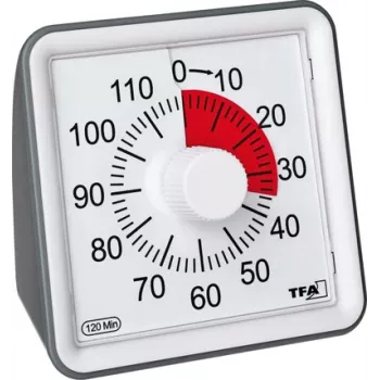 TFA DOSTMANN VISUAL timer hvid analog 60-minutters mekanisk nedtælling med lydløs drift og akustisk alarm (38.2043.10)
