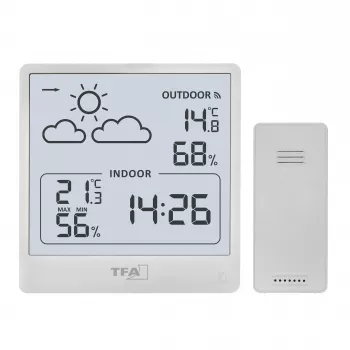 TFA Dostmann CLEO trådløs vejrstation, sort, DCF-77 radiostyret, 12-24 timers prognose, inde-/udetemperatur & luftfugtighed, frostalarm, baggrundsbelysning 35.1176.02