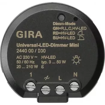 GIRA 244000 universelt LED-dæmpermodul, indbygning, elektronisk, 230 V AC, 3-100 W LED / 20-200 W halogen, faseafskæring, softstart, hukommelsesfunktion