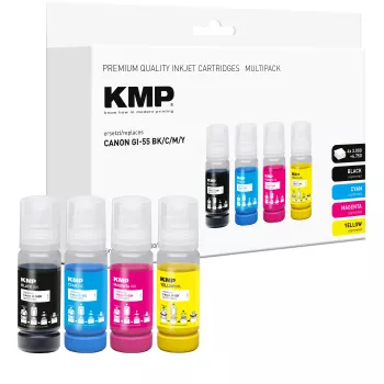 KMP påfyldningsblæk-sæt til Canon GI-55BK/C/M/Y, 4x70 ml kombipakning (sort, cyan, magenta, gul) 1587,0005