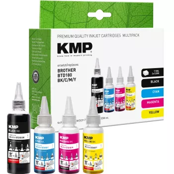 KMP PRINTTECHNIK påfyldningsblæk-sæt til Brother BTD180BK/C/M/Y – sort 110ml, cyan/magenta/gul 50ml hver (kompatibel) 1555,0005