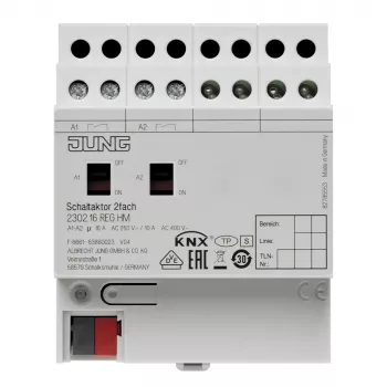 Jung KNX kontaktaktor, 2-kanal, 16 A, 230 V AC, DIN-skinne, 2 TE 2302.16REGHM