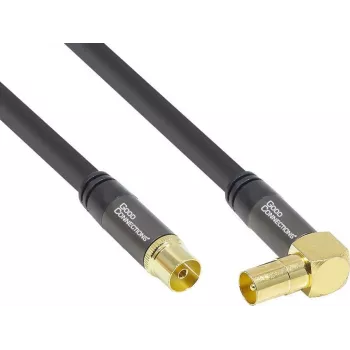 GoodConnections SAT-antennekabel SmartFLEX, vinklet IEC/koaksialstik til hunstik, forgyldt, firefold skærmet, 120 dB, sort, 10 m (GC-M2077)