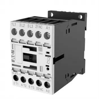 Eaton DILM15-01 24VDC 3-polet kontaktor, 1 NC hjælpekontakt, 15 A AC-3, DIN-skinne/skruetilslutning 290108