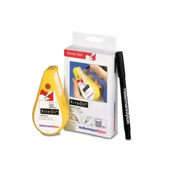 HellermannTyton RiteOn startpakke med forfyldte dispensere, 600 selvlamierende etiketter, hvid, 19 x 38 mm, inkl. rød marker 550-14010