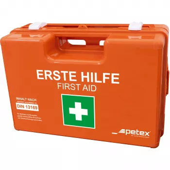 PETEX 43924135 DIN 13157 førstehjælpskasse, orange, 280 x 115 x 200 mm, vægmonterbar, ABS-plast, til kontorer, værksteder, små virksomheder, uddannelsesinstitutioner