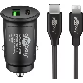 Goobay dual-USB bil-hurtiglader-sæt Lightning 27 W - USB-C og USB-A bil-lader med USB-C til Lightning-kabel 72166