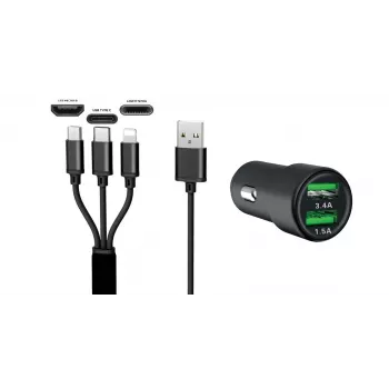 IWH dual USB biloplader 3-i-1 12/24V 3,4A sort (19061)