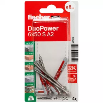 Fischer DuoPower 6 x 50 S A2 K NV Universaldübel med skrue A2, 1 sæt (537670)