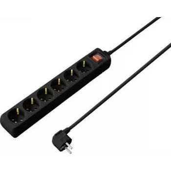 SYGONIX SY-4891006 6-vejs Schuko-stikdåse med belyst afbryder, 1,5 m kabel, sort